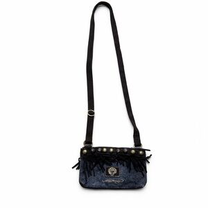 Vintage Y2K Ed Hardy Crossbody Bag Denim & Black Suede Fringe Rare 2000